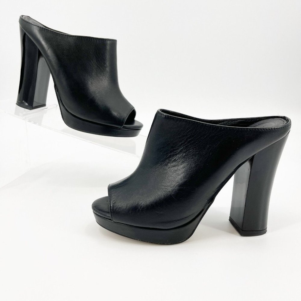 Black Leather Platform Mule Peep Toe Patent Block Heels